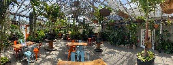 Indoor greenhouse seating area