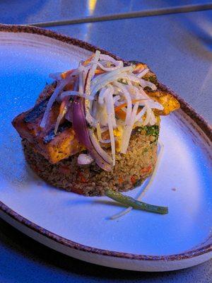 Quinoa chaufa and salmon -- the quinoa chaufa was really delicious. The salmon was bland.