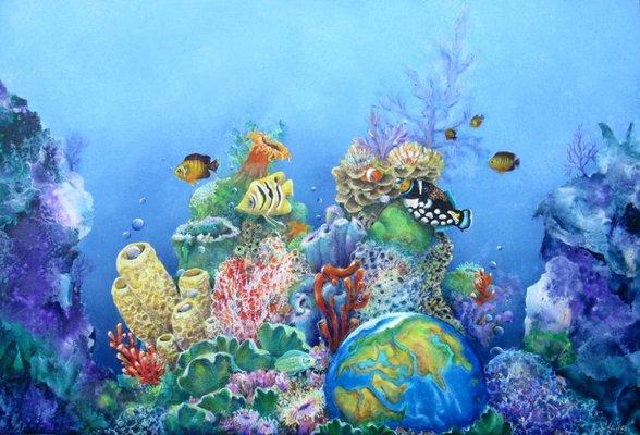 Save the Ocean 1, acrylic resin, looks like a fish aquarium, Enjoy  Visit cherylehlersart.com