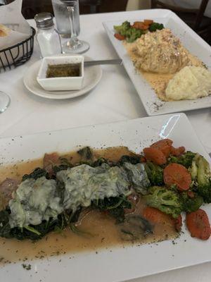 Veal saltimbocca, crab-stuffed sole in shrimp sauce.