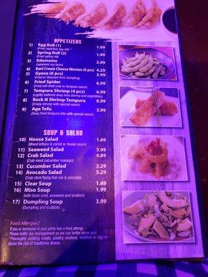 Menu appetizers