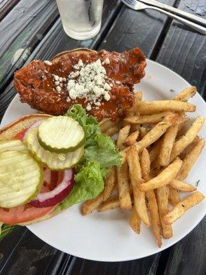 Buffalo chicken sandwich with bleu cheese crumbles.