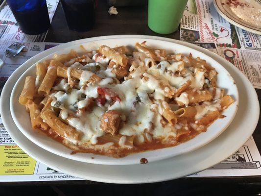 Chicken riggies.  Chicken, mushrooms, pepper and onions.  Will feed two are more.