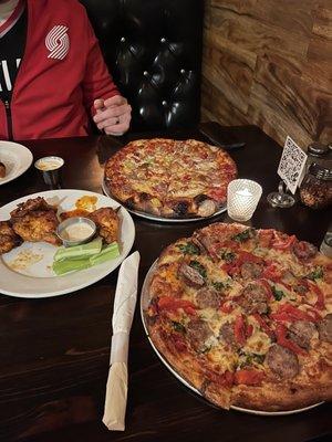 Chicken Wings - Full Size (6), Sausage, and Meatball pizza.