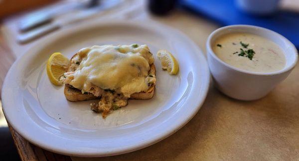 crab melt and cup of clam chowder