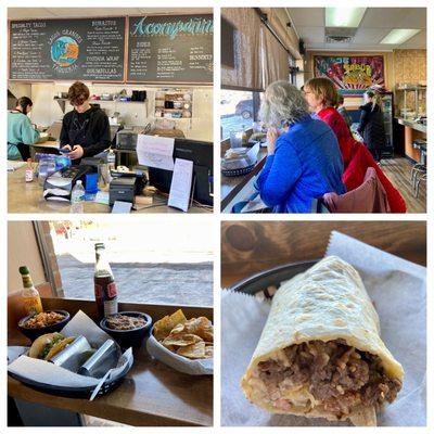 Burrito with ground beef, lettuce, tomatoes, beans, rice, guacamole, cheese and sour cream. Eating counter, 3% fee for charge card.