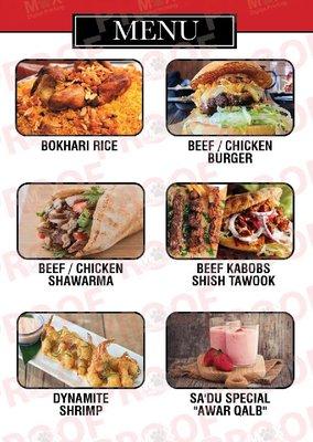 Burgers, Rice, Shawarma, Kebabs, fresh juice, Dynamite Shrimp