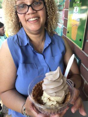 My beautiful aunt along with her choice of regular coffee cream in a waffle cone with soft serve on top (amazing combo!!!!)