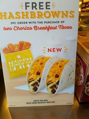 One free hash brown with two chorizo breakfast tacos!