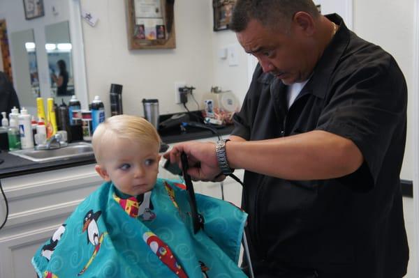 Eli's first haircut 8/10/2013. Buddy made it so easy!