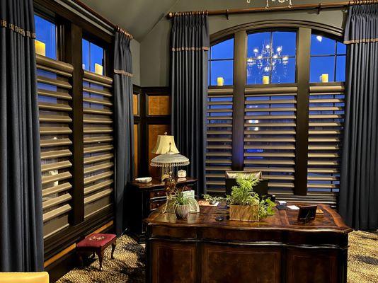 Pirouette® shades create a stunning atmosphere in this home office.