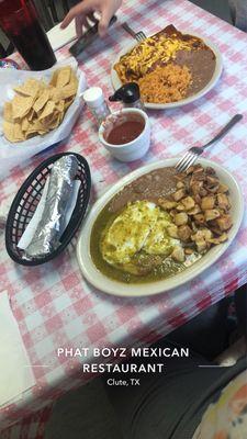 Huevos Enchilados (green sauce) and Enchiladas (chili gravy/fajita beef)