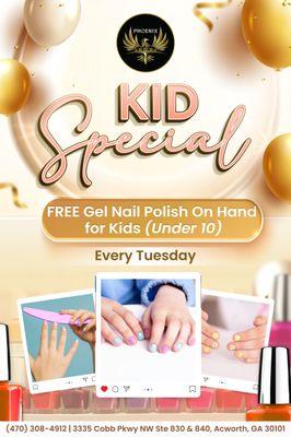 Treat your little ones to a fun and colorful Tuesday at Phoenix Nails & Spa Acworth!
  We're offering FRE