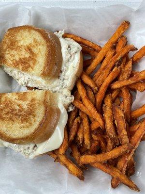 Tuna melt and sweet potato fries