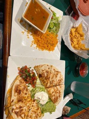 Chicken and Shrimp Quesadillas, with rice and refried beans