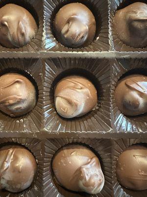 Chocolate covered macadamia nuts with "bloom" or fuzz over the nuts only.