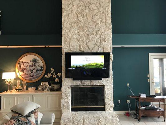 Custom stone fireplace installation with soundbar beneath.  Required many years of expertise.  Came out great!