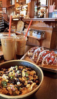 Iced Latte, Bowl Pack, and Waffles.