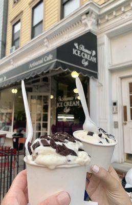 Delicious - cookies and cream/cookie dough and peanut butter vanilla/cookies and cream both with chocolate chips on top!