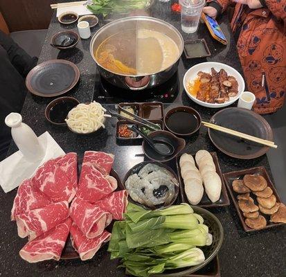 Hot pot. Prime rib, veggies and shrimp.