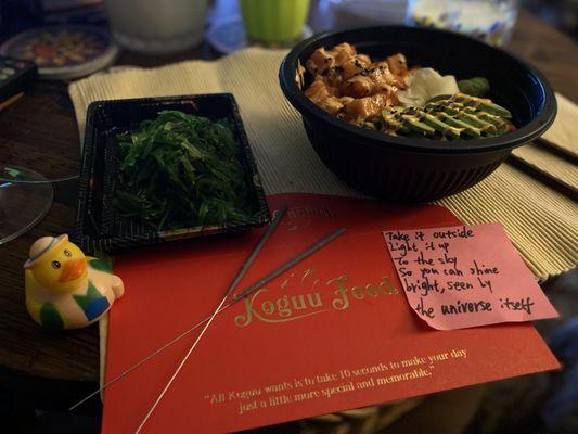 Salmon Poke Bowl, seaweed salad, & my surprises!