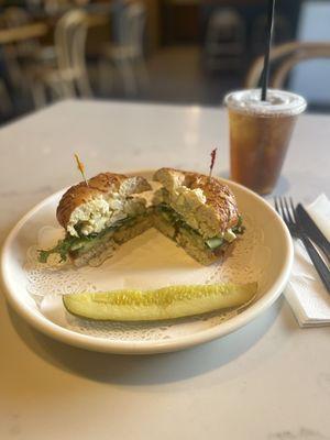 The egg salad sandwich on an Asiago bagel.