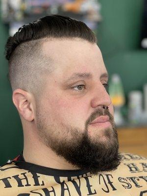 Slick back skin fade beard lineup by Mark Mina