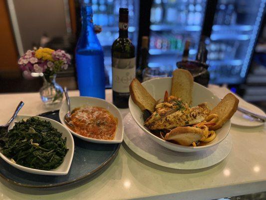 Sautéed Spinach, homemade pasta and marinara, along with the best Cioppino anywhere. Take my word for it!