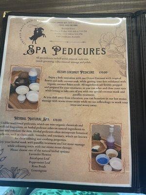 Pedicure menu