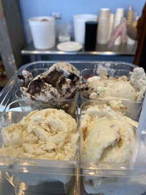 Bottom left is coffee, then right is coconut macaroon., banana Rocky road, then banana and Oreo... ice cream sampler!