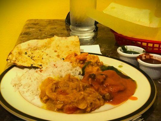 Great Indian Cuisine -- vegan meal: Roti with garlic (bread), basmati rice, bhartha, mushroom mango, veggie khorma.