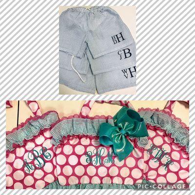 Monogrammed bathing suit tops for the girls and monogrammed trunks for the boys! What a cute idea!