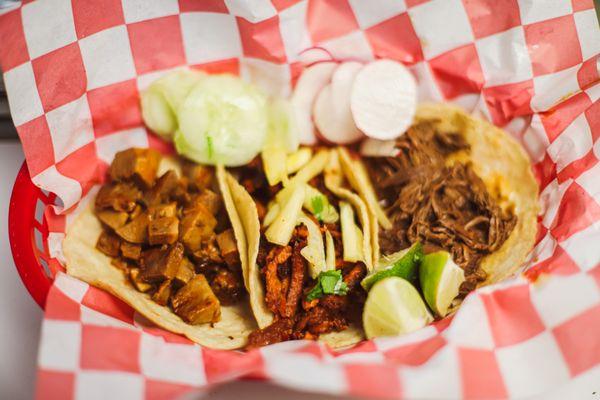 Tacos with your choice meat (Grilled Beef, Pork, Chicken, Mexican Sausage, Beef Stew, Beef Tongue)