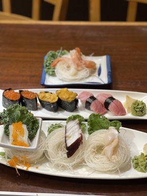 Ikura, uni, toro, sweet shrimp, squid, giant clam,