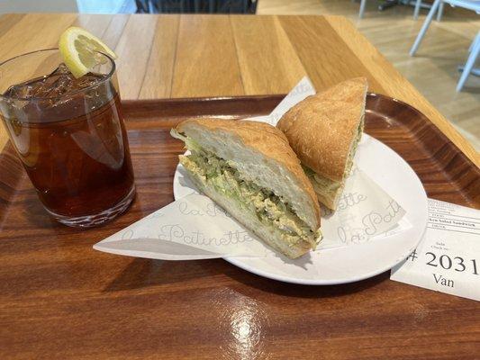 curry chicken salad sandwich and an iced tea