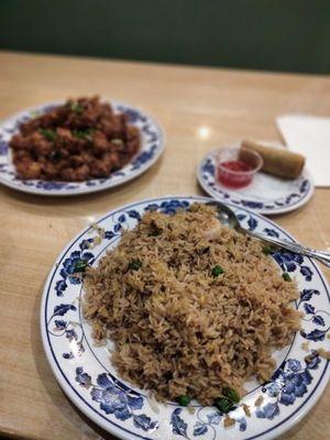 Shrimp fried rice...sesame chicken and spring rolls