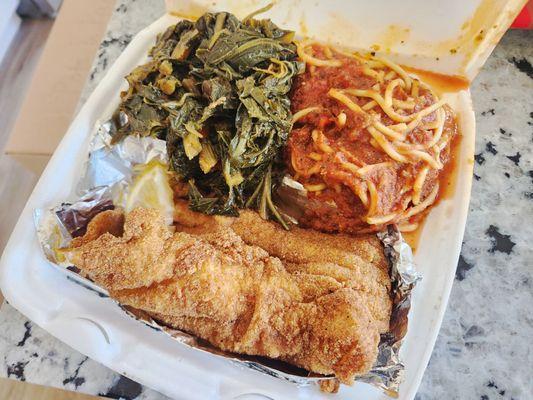 Fried Catfish with Spaghetti and Greens