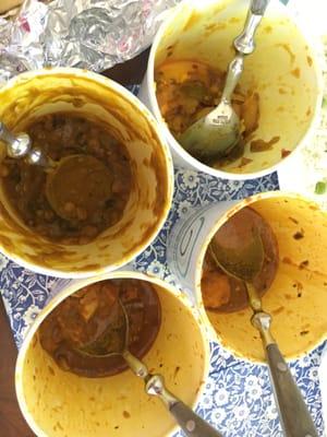 From left to right clockwise: Daal, Aloo Gobi, Chicken Curry, and Lamb curry. So delicious, little left over!