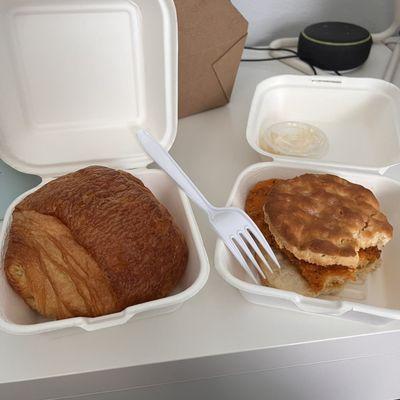 honey butter spicy chicken biscuit and a chocolate croissant, both exceeded my expectations in quality and portions!