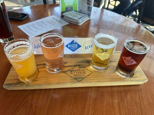 A flight of beers: Wheat, Blueberry, Mexican lager and Irish red