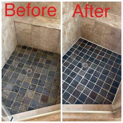 Slate Shower Restoration.
Grout Cleaning and Sealing with Perimeter caulk replacement