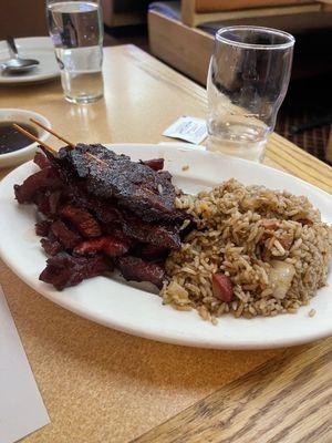 D. 3 Piece BBQ Spare Ribs, 3 Piece Beef Teriyaki and 1 Piece Egg Roll Plate