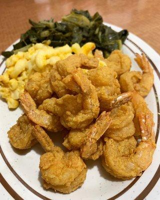 Fried shrimp, Mac n Cheese, and Collard Greens