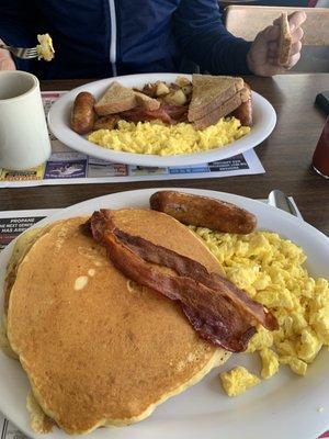 Pancakes eggs and bacon