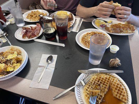 Pecan Waffle, Sausage egg & cheese hash brown bowl, & All Star.