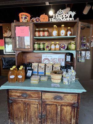 Local honey and jams for sale in the little store