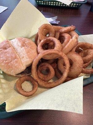 Bacon cheeseburger and onion rings