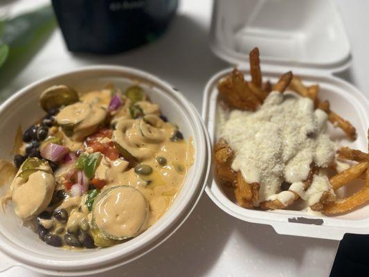 Garlic fries and chicken rice bowl