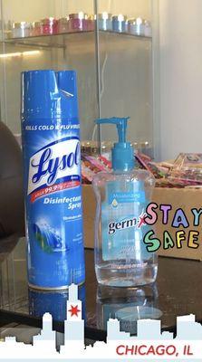 Lysol and hand sanitizers for customers to use.