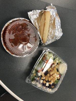 Spaghetti and meat balls with Greek salad